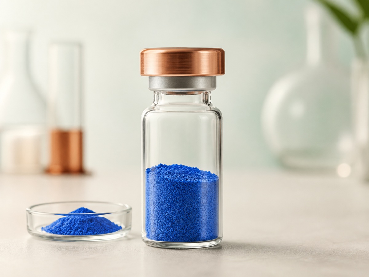 An unbranded clear vial and sample dish containing blue powder with a copper cap