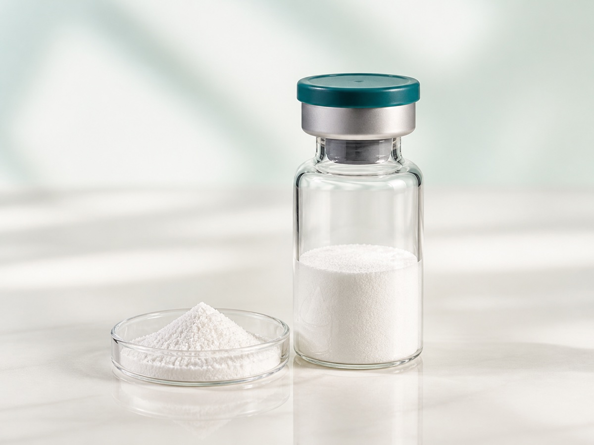 An unbranded clear vial and sample dish containing fine white powder