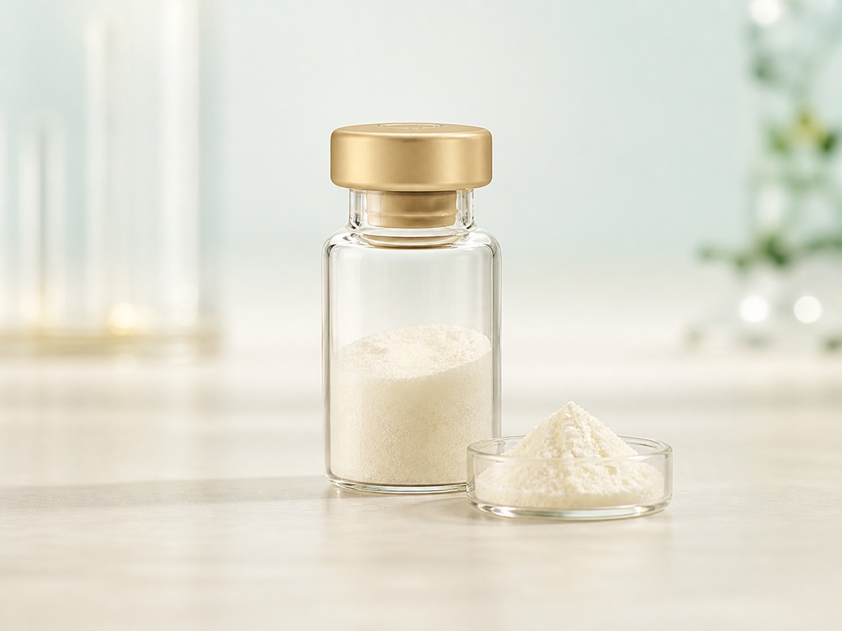 An unbranded clear vial and sample dish containing pale powder with a gold cap