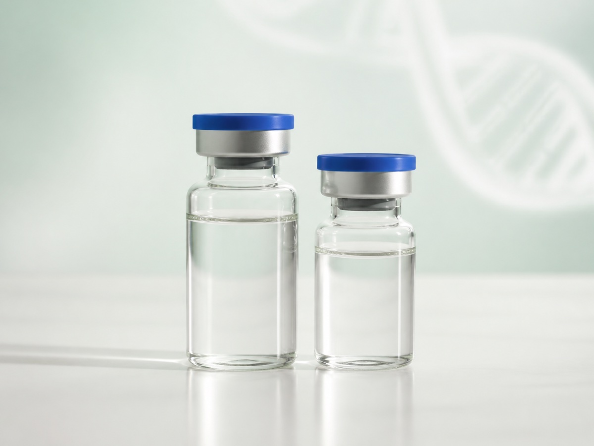 Two unbranded clear vials containing colorless liquid with blue caps